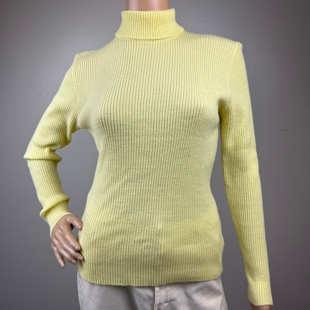 VTG 70s Korean Ribbed Womens Yellow Turtleneck Sweater‎ Zip Acrylic Knit XS/S